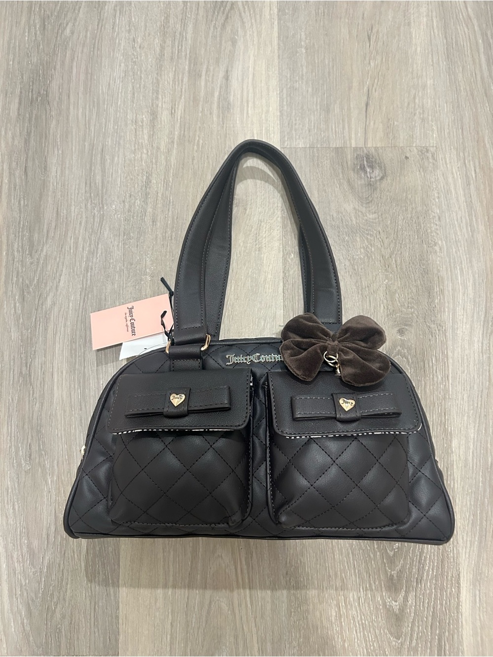 NWT JUICY COUTURE CUTESY CARGO BOWLERS SHOULDER BAG PURSE W BOW CHARM BROWN